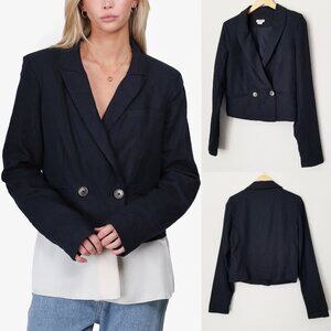 Jason Wu Double Breasted Linen Blend Cropped Blazer Jacket S Black $310 Designer